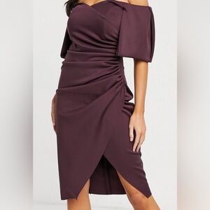 ASOS design sweetheart neck wrap tuck off the shoulder midi dress in plum
